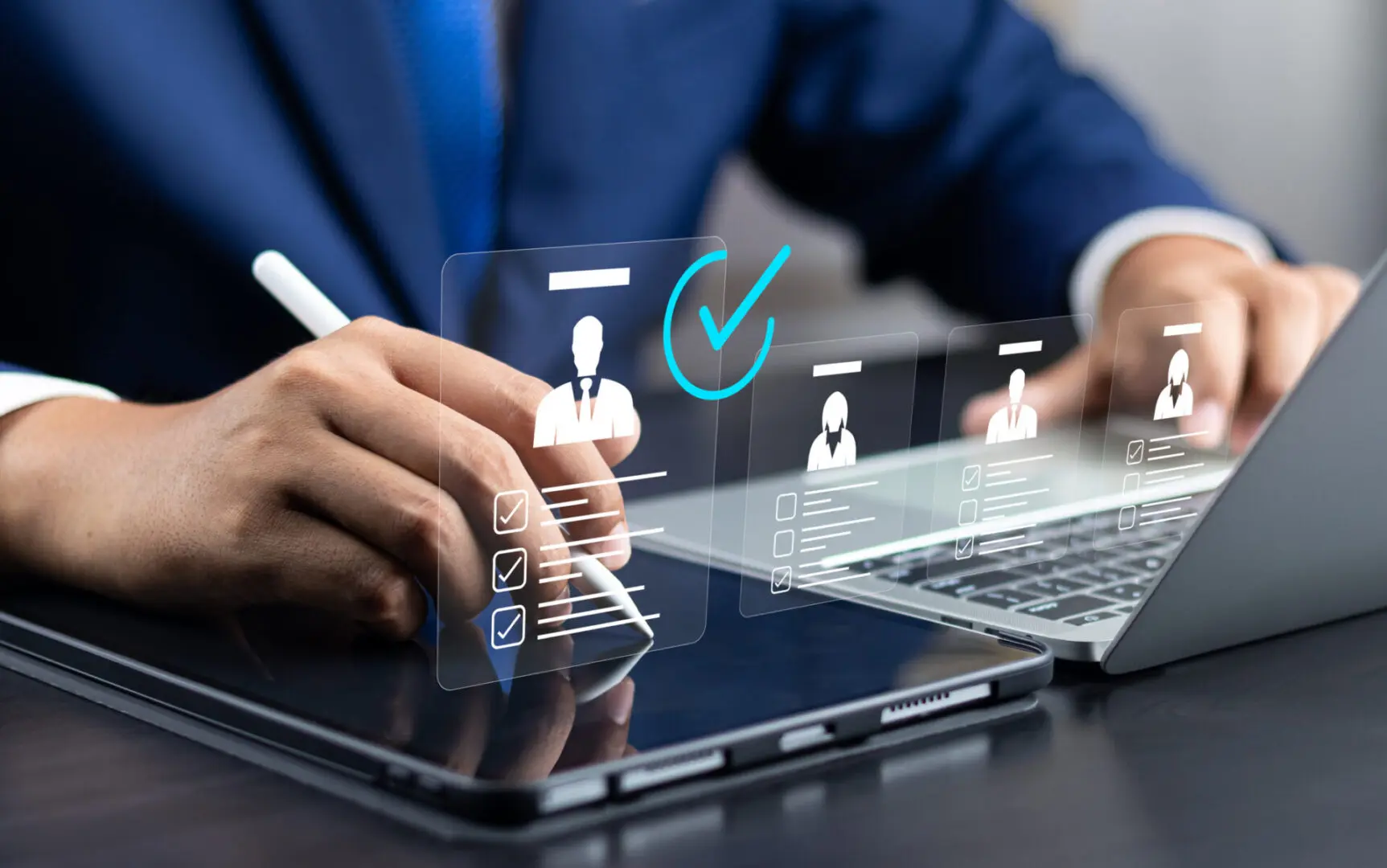 Digital profile selection on tablet and laptop.