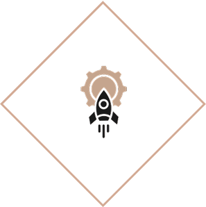 Rocket and gear icon in diamond shape.