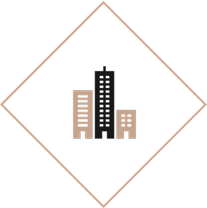 Three stylized buildings inside diamond shape.