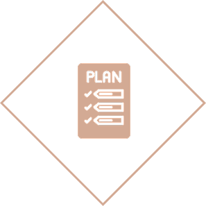 Checklist icon labeled “Plan” on diamond background.