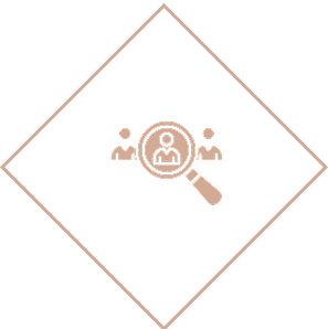 Magnifying glass over people icons, diamond shape.