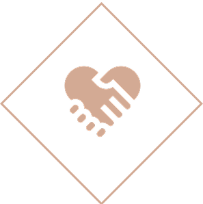 Heart-shaped handshake icon in diamond frame.